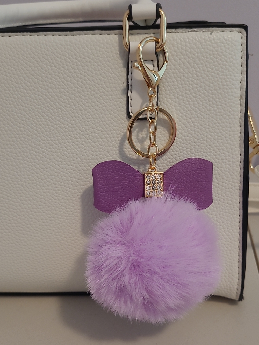 Purple Pom Pom Keychain with Bow - Fashion Accessory